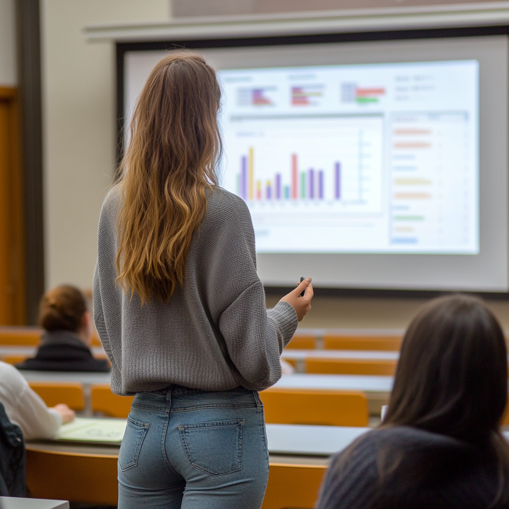 Woman in gray cardigan presenting graphs in university classroom.