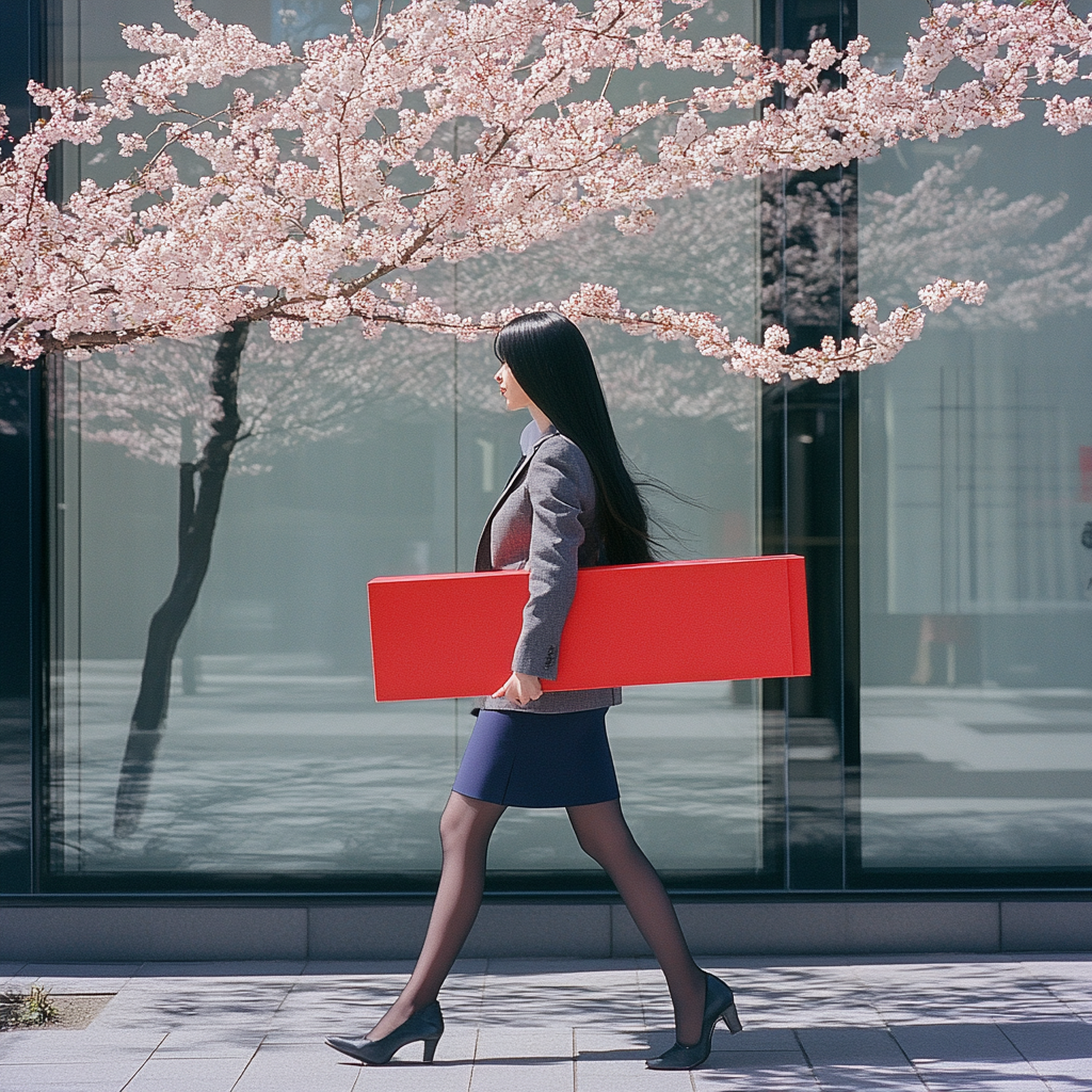 Woman in gray suit with cherry blossoms.