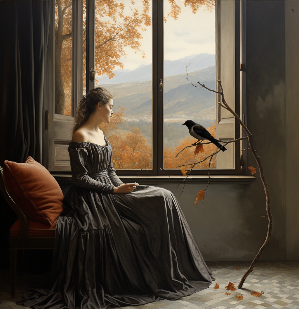 Woman in grey silk dress sitting with bird, autumn view.