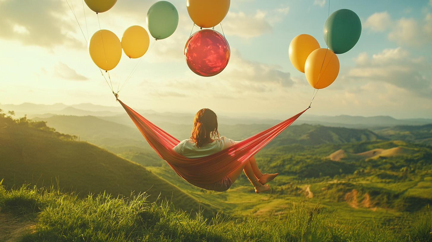 Woman in hammock held by balloons over landscape.