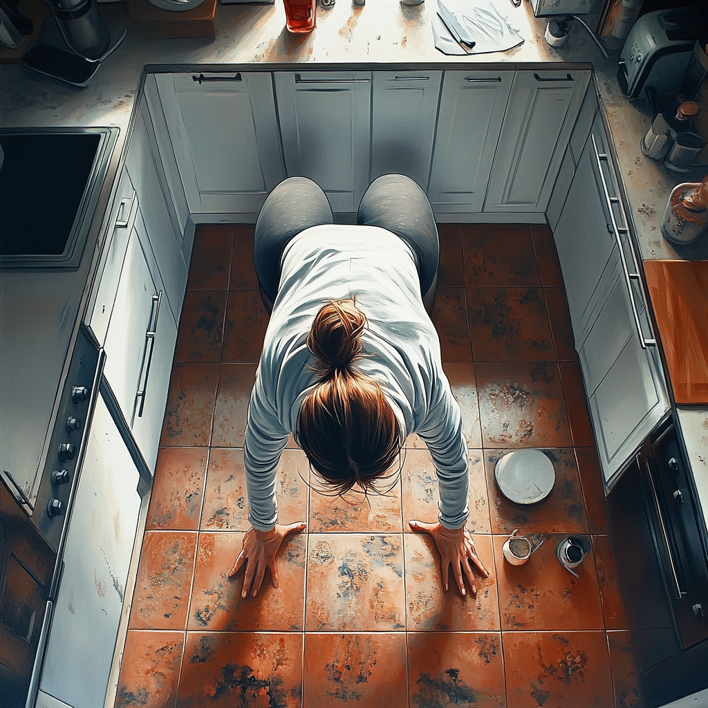 Woman in kitchen doing push-ups, looking fit and focused.