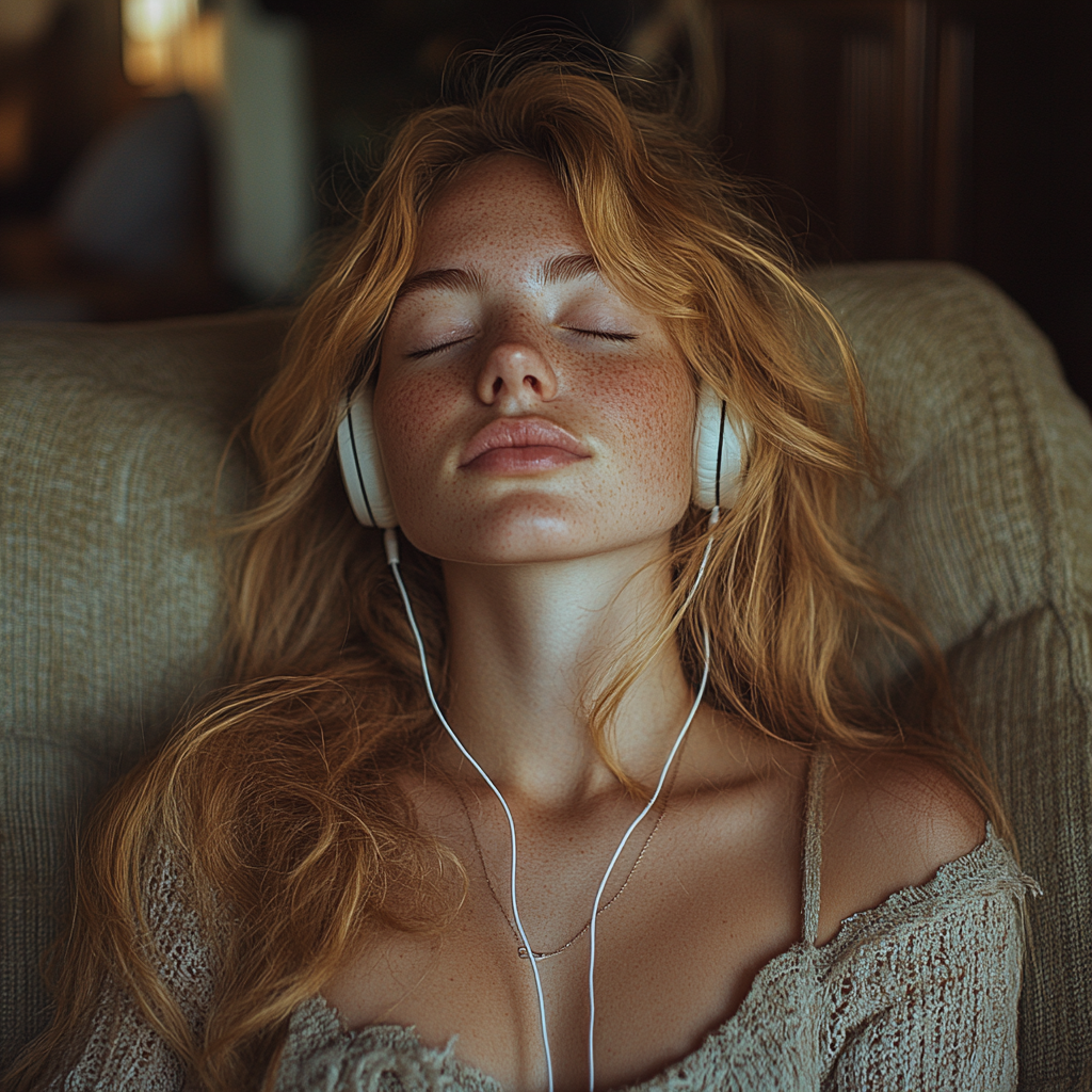 Woman in living room listening to classical music peacefully.