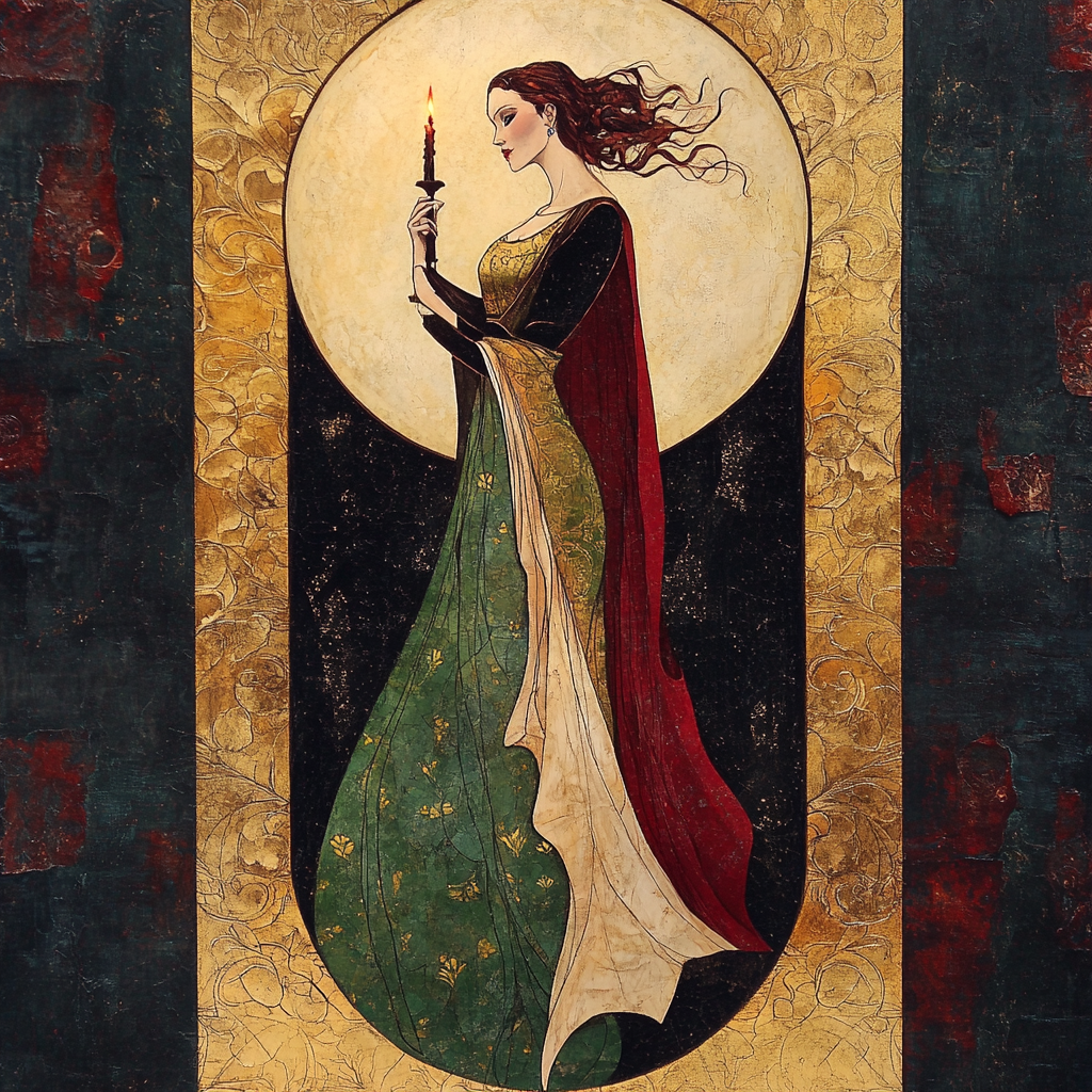 Woman in long dress holding candle on moon top.