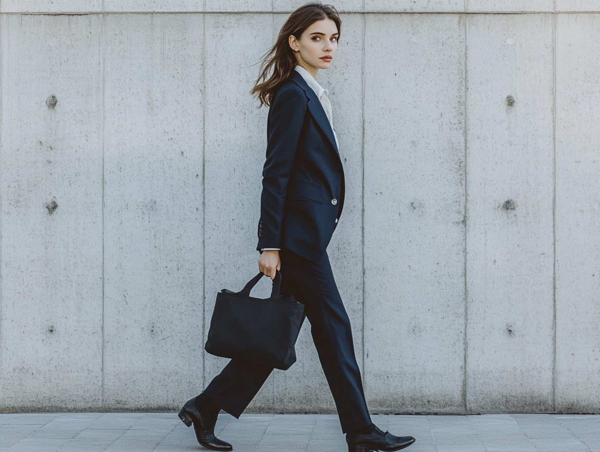 Woman in navy blue suit walking with bag.