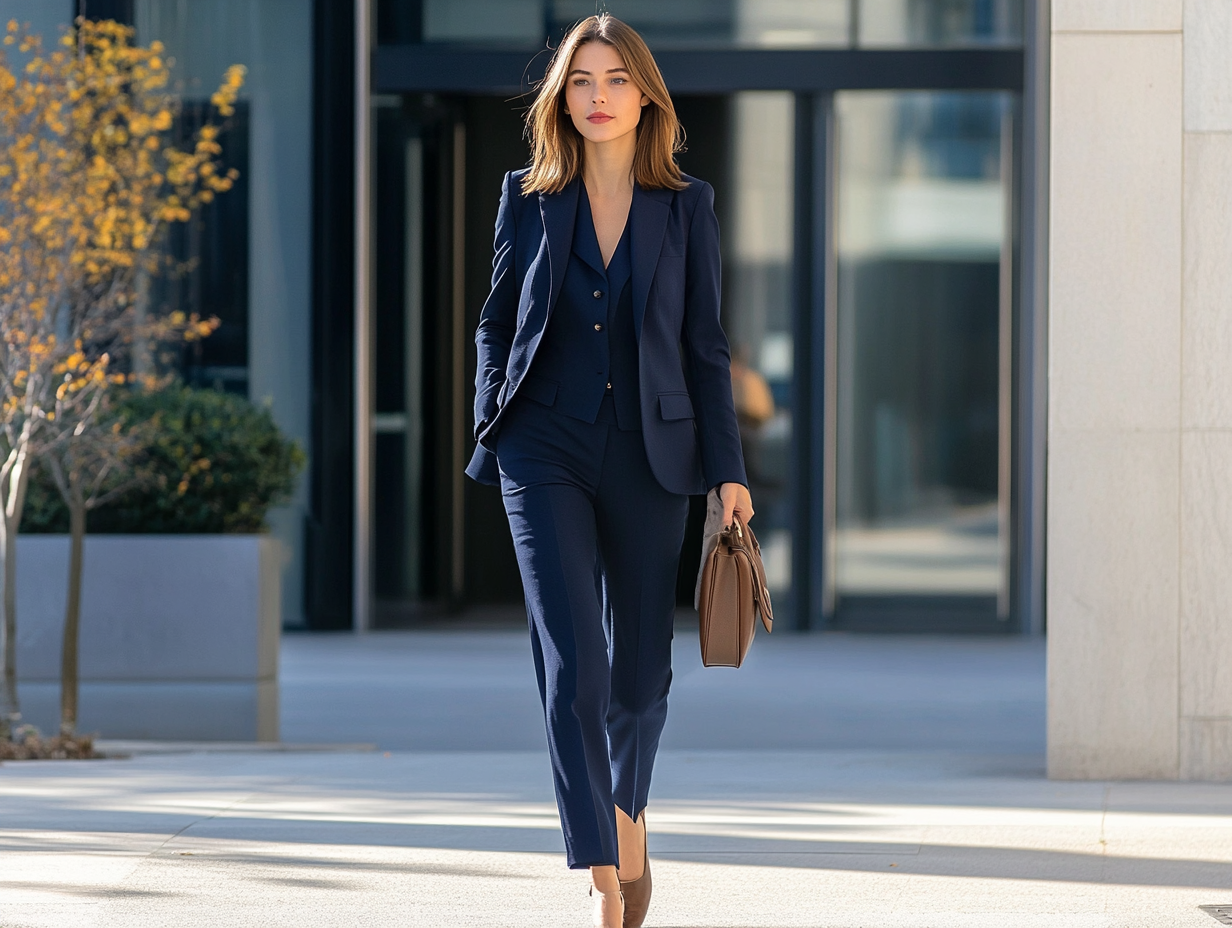 Woman in navy blue suit walks outside confidently.