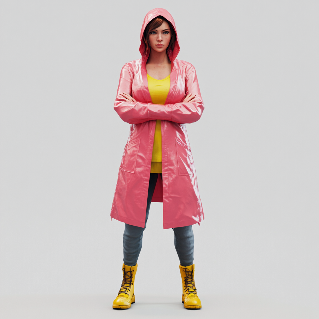 Woman in pink raincoat poses aggressively in 3D style.