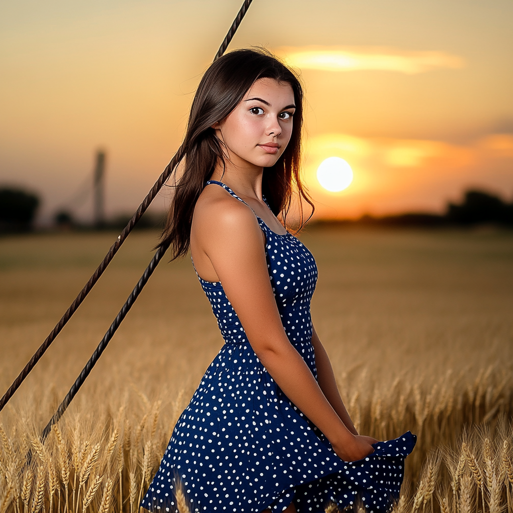 Woman in polkadot sundress hiding iron rod in wheat field.