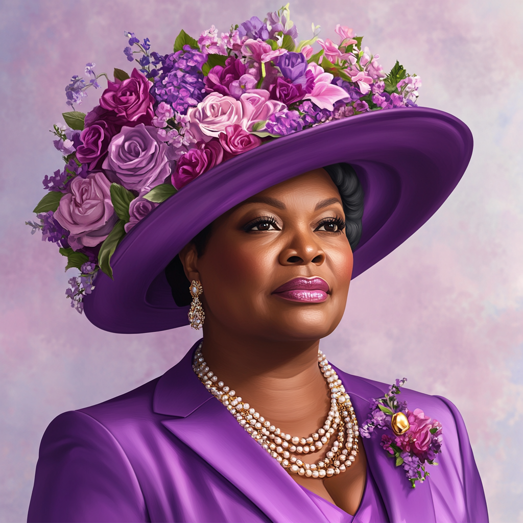 Woman in purple dress suit and flowered hat