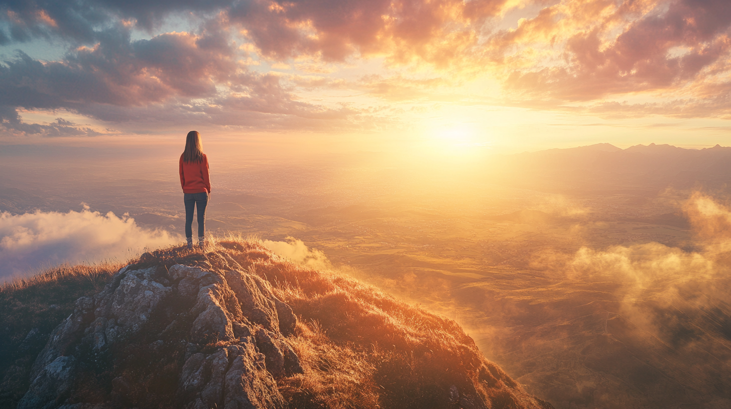 Woman in red and blue on hilltop at sunrise.