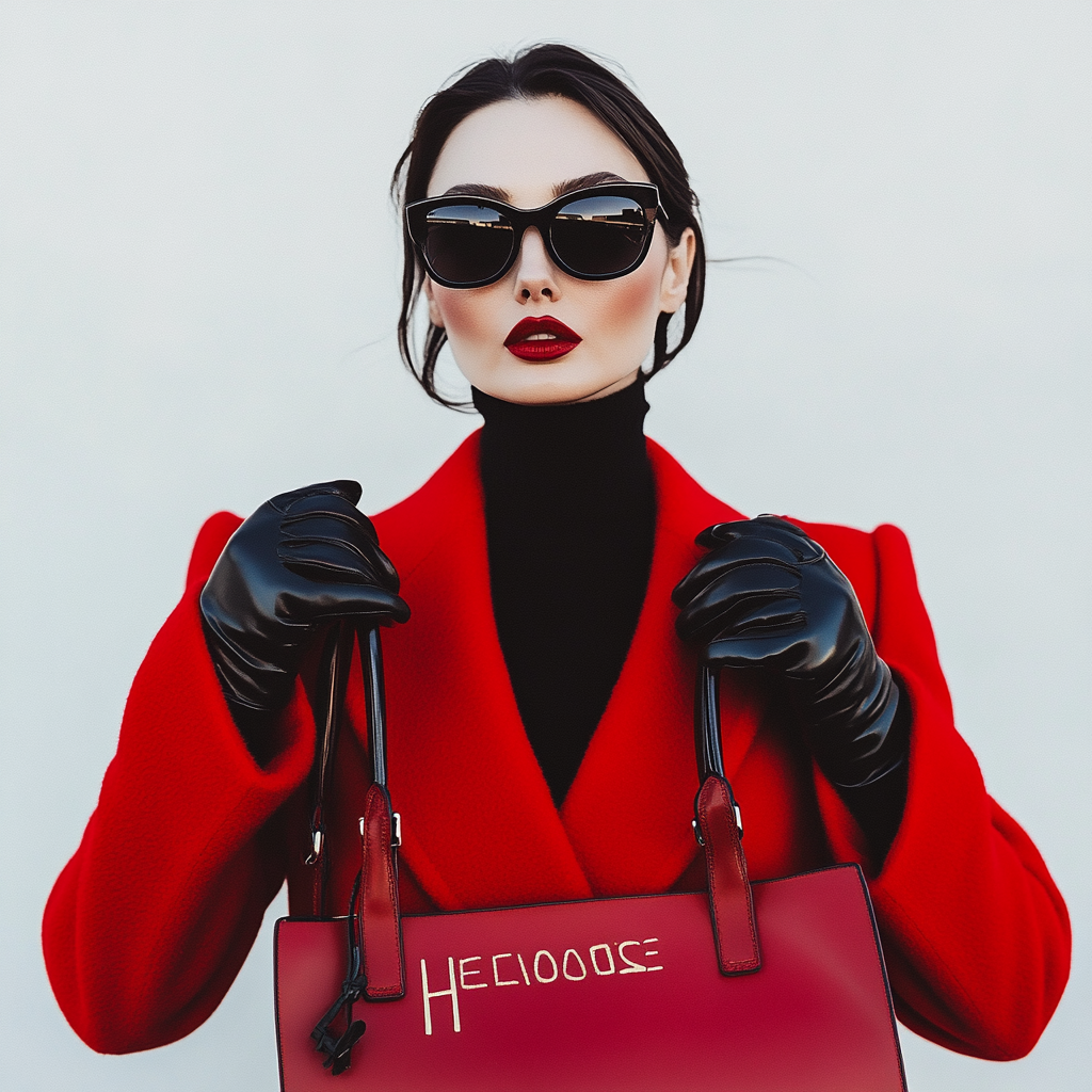 Woman in red coat with 'Heloise' bag, sunglasses, gloves.