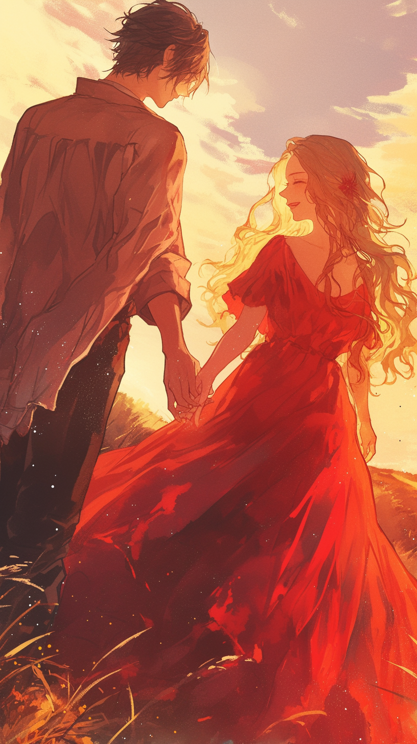 Woman in red dress and man at twilight scene.