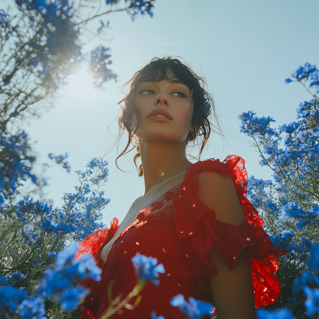 Woman in red dress surrounded by blue flowers