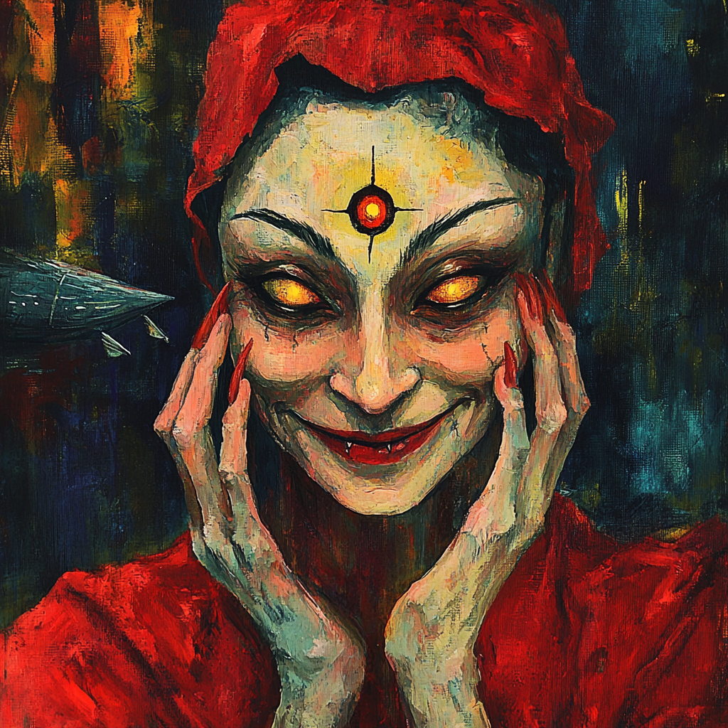 Woman in red robe with wide grin, third eye, claws, ghostship.