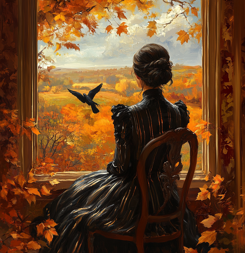 Woman in silk dress, autumn landscape, flying bird.