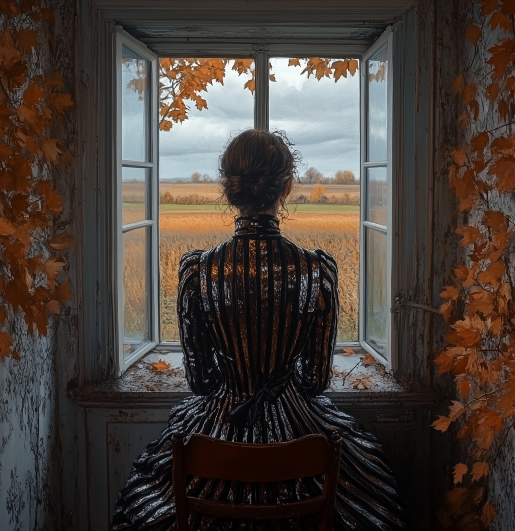 Woman in silk dress with black stripes sitting in autumn room.