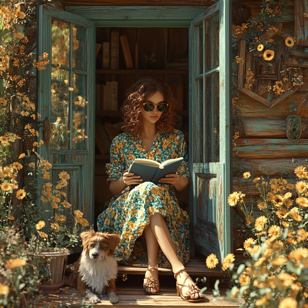 Woman in sunglasses reading on rustic home landing.