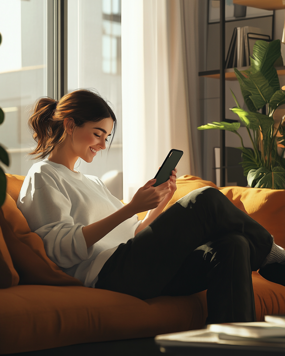 Woman in thirties downloading app on iPhone 15.