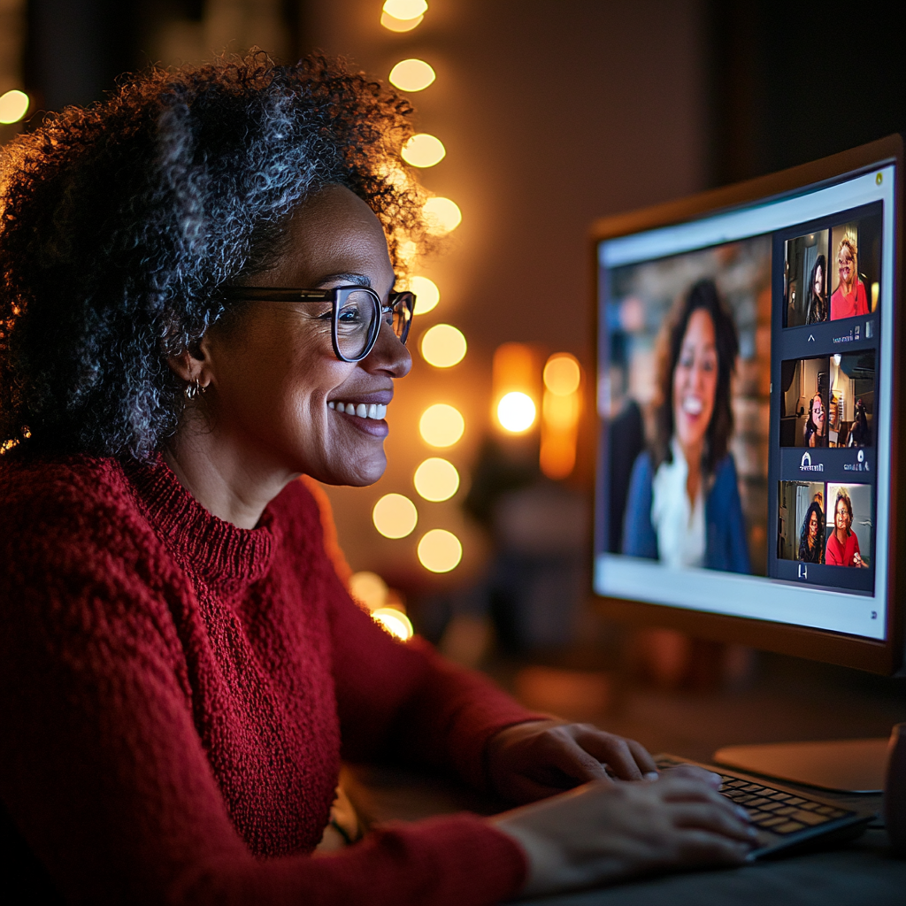 Woman in virtual meeting, smiling at screen with people.