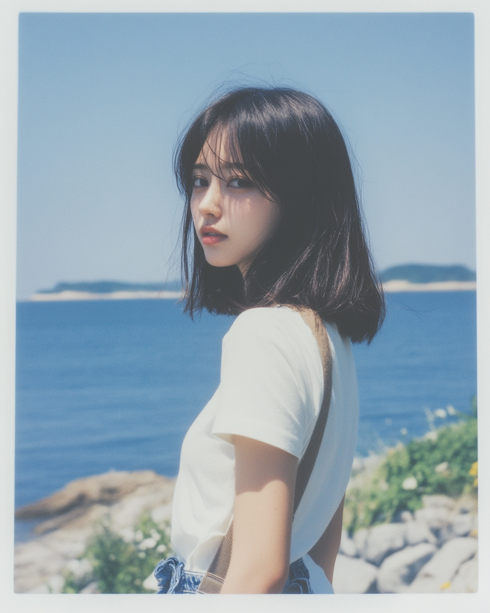 Woman in white dress standing on coast. looking back.