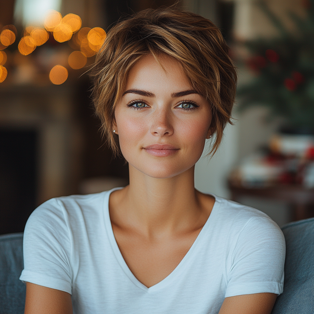 Woman in white sweatshirt relaxing on sofa, smiling at camera.