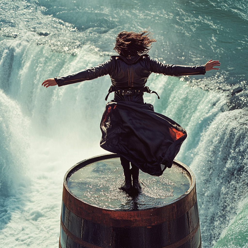 Woman in wingsuit prepares to jump off waterfall.