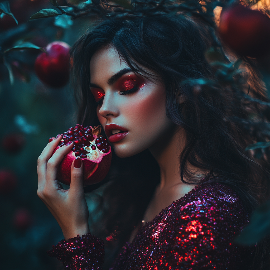 Woman in woods with red glitter eyeshadow, holding pomegranate.