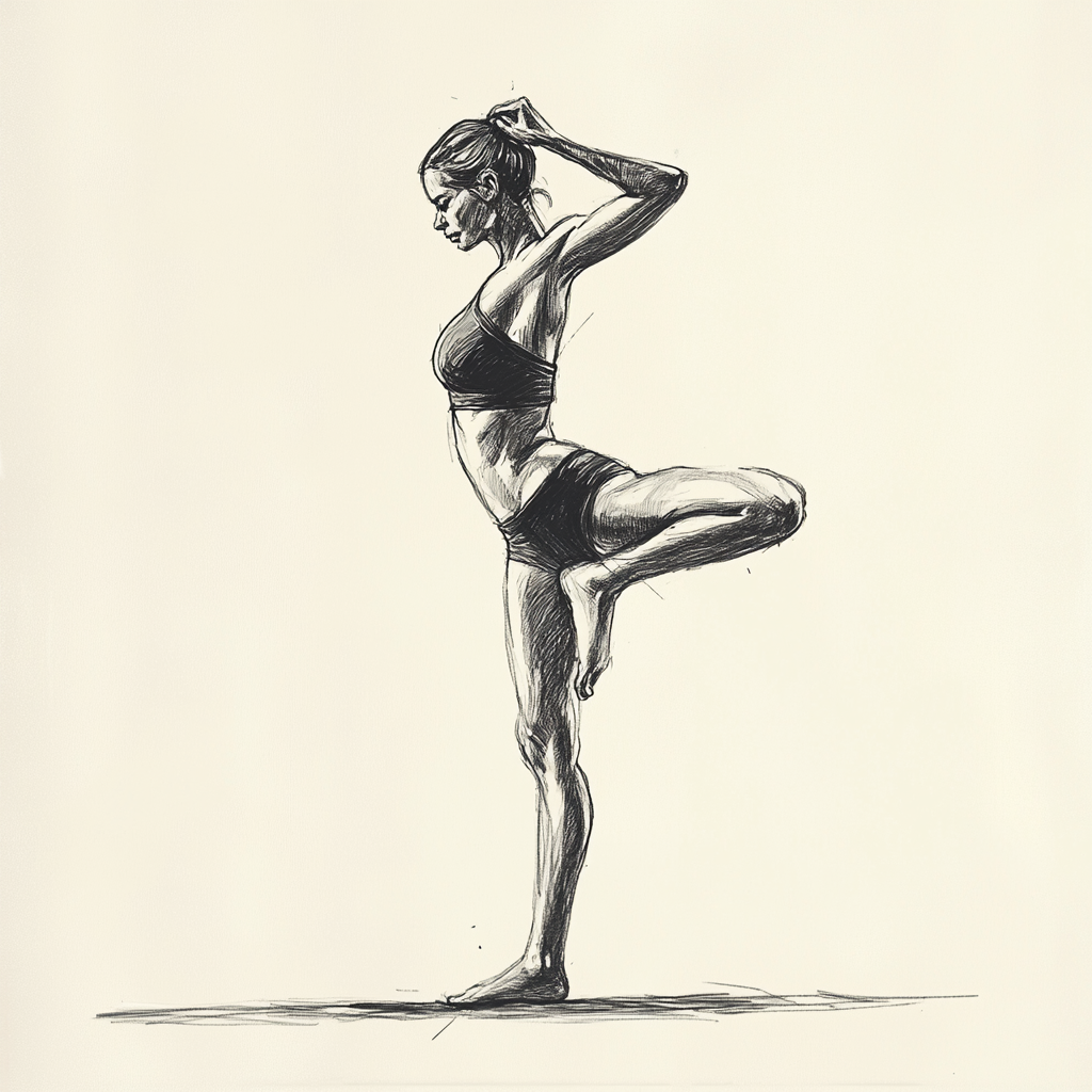 Woman in yoga pose standing on one leg.