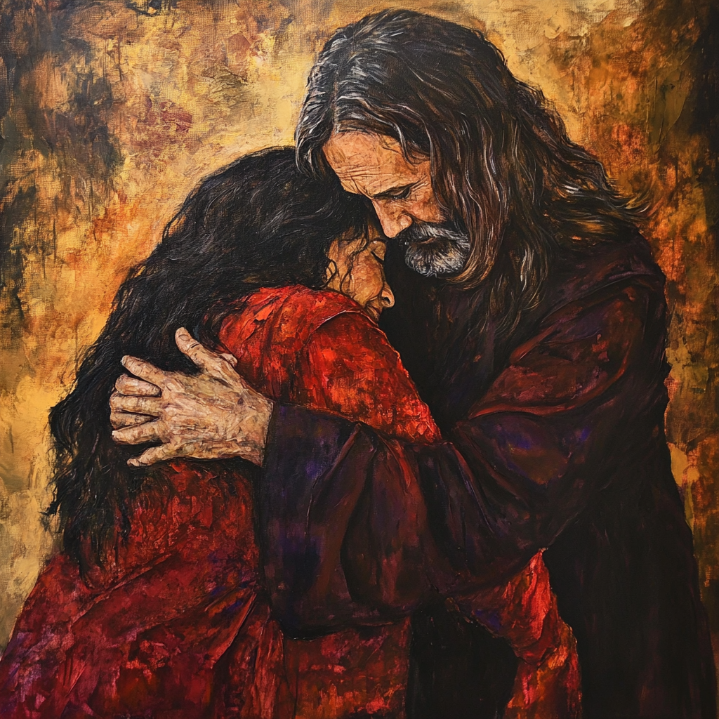 Woman kneeling at Jesus' feet, both showing compassion.