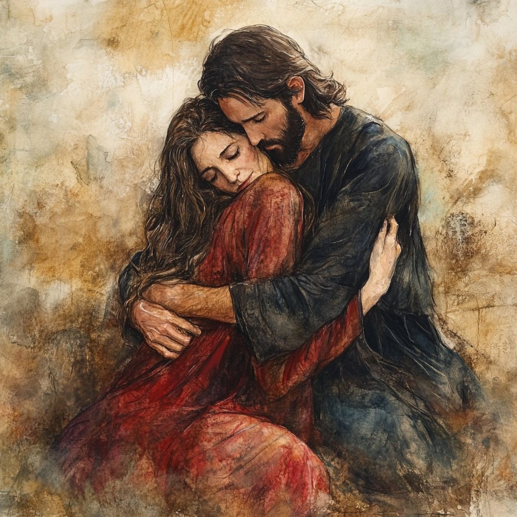 Woman kneeling before Jesus, he shows compassion. Earthy background.