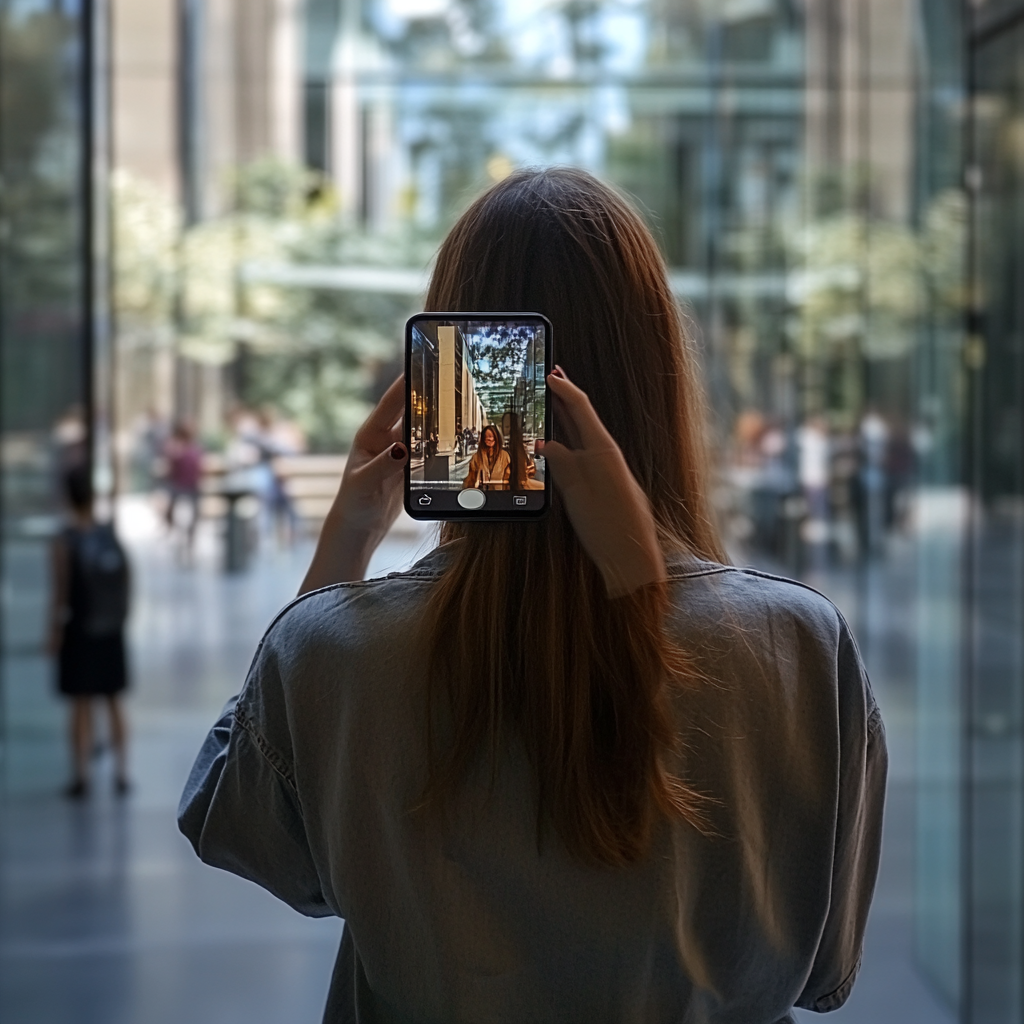 Woman looking at phone screen with reflection, outdoors.