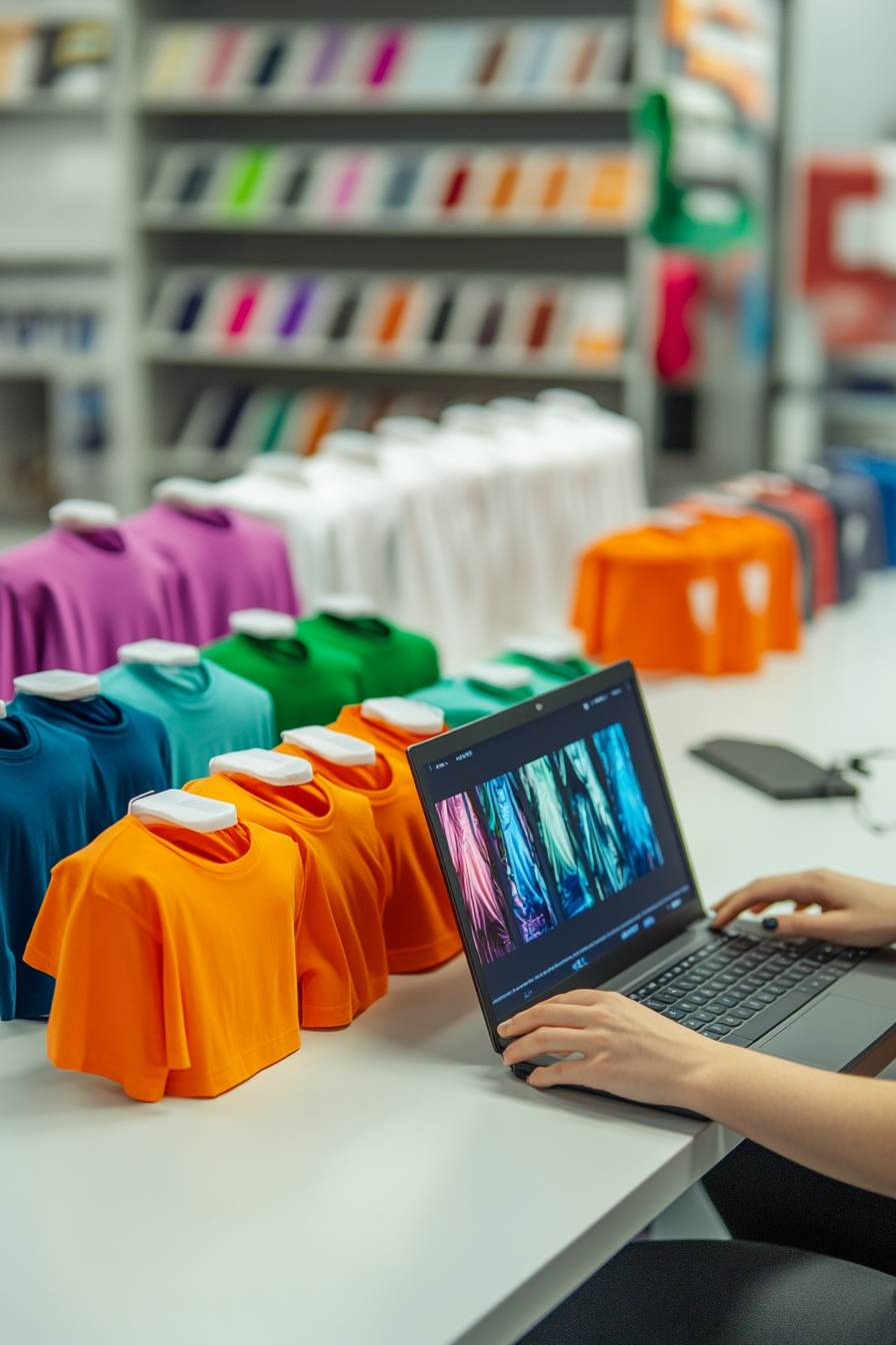 Woman making T-shirt design on laptop with prints.