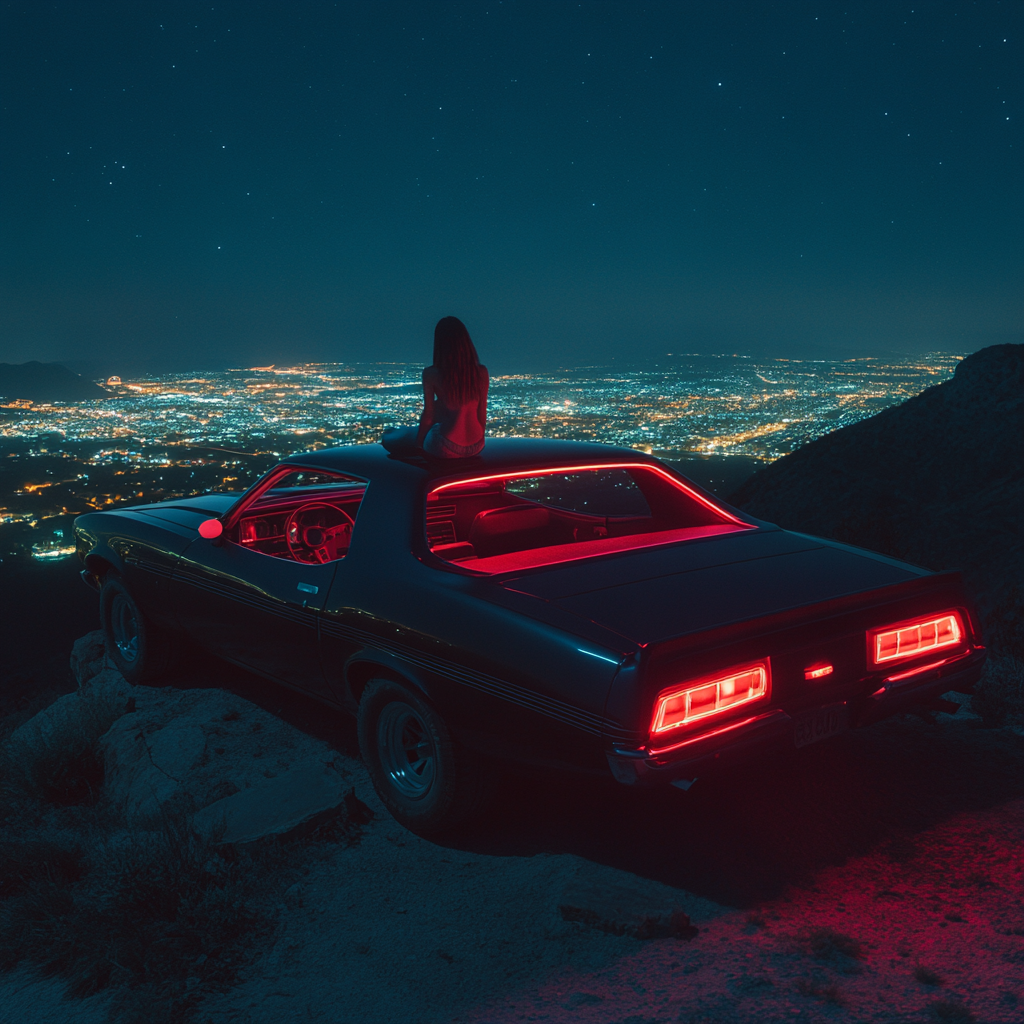 Woman on Car Roof Overlooking City Lights