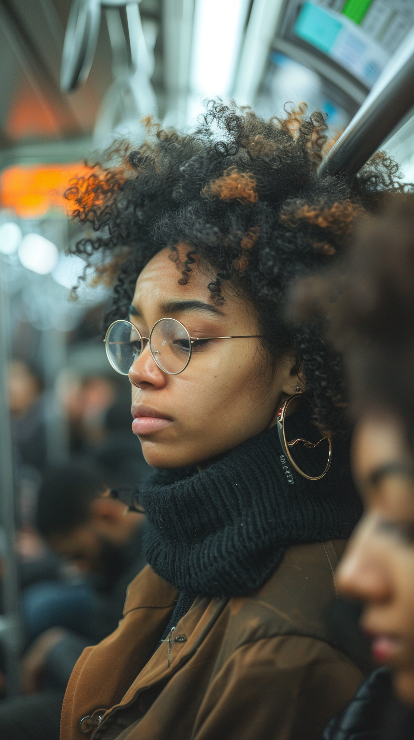 Woman on NYC subway train, distressed, surrounded by phone users.