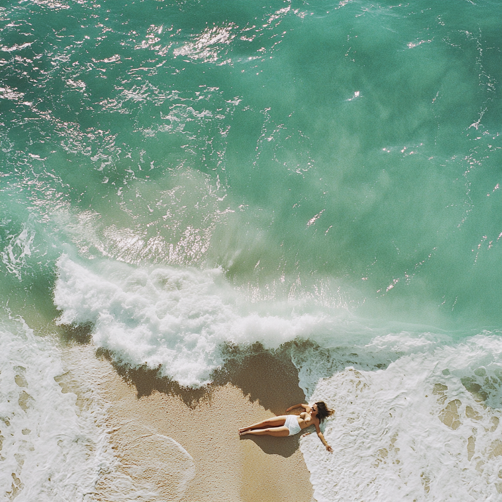 Woman on beach, ocean wave crashing in background.