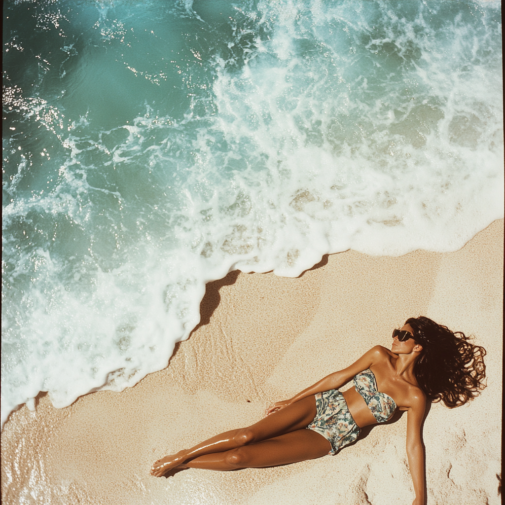 Woman on beach in vintage 70’s style.