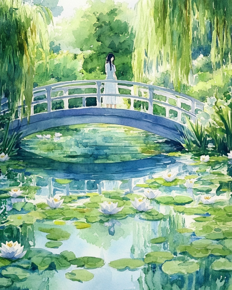 Woman on bridge over water lily pond, watercolor style.