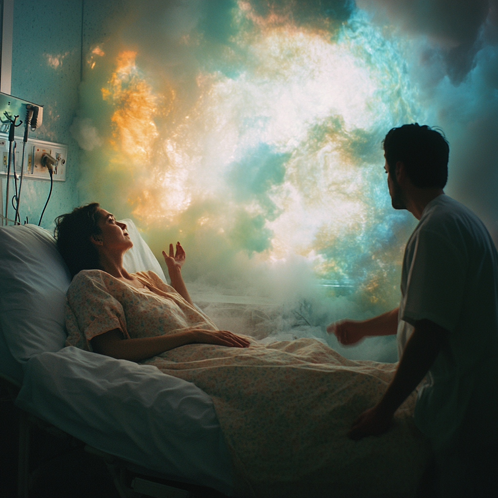 Woman on deathbed, husband beside her, arm reaching sky