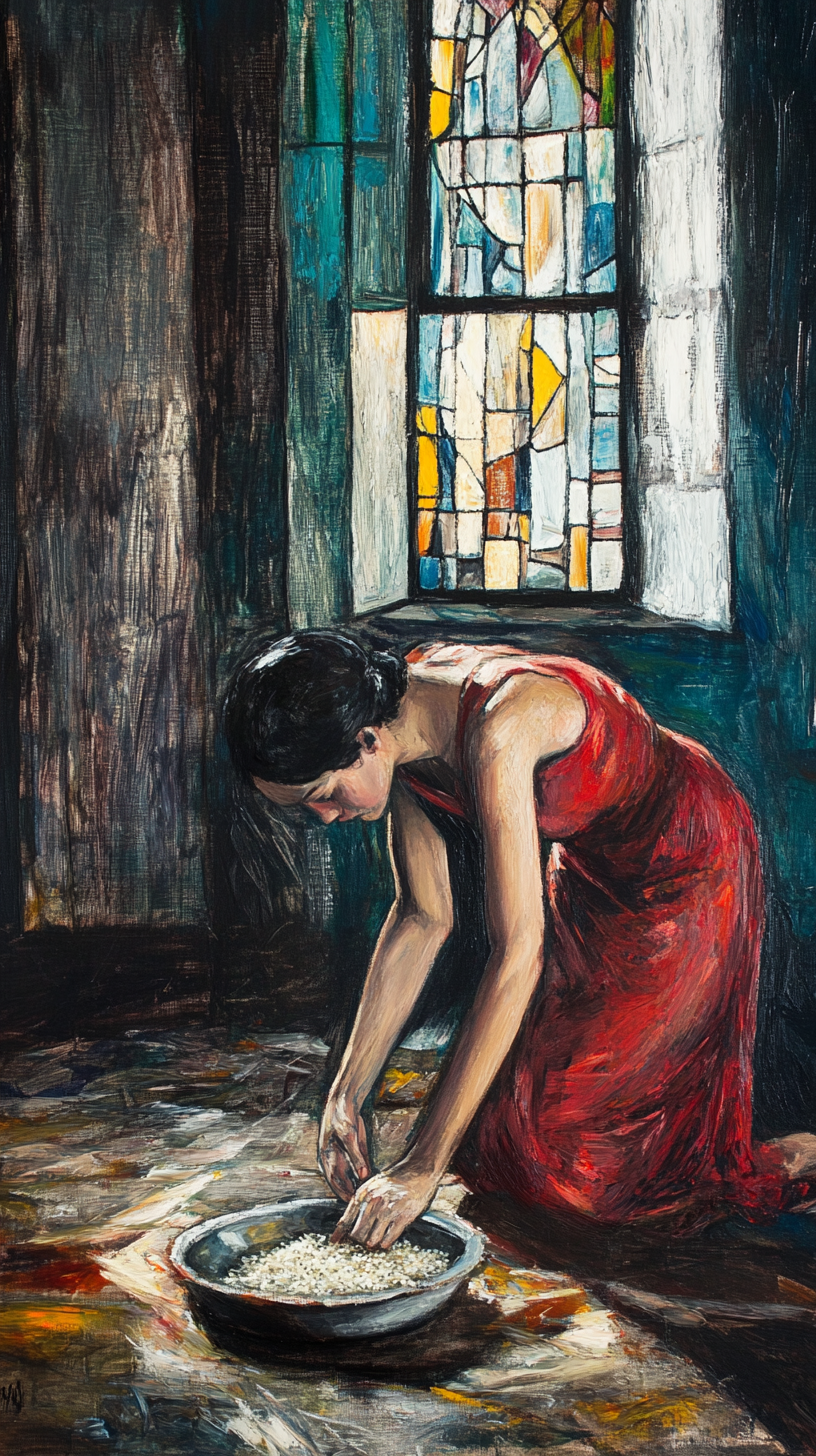 Woman picking up rice in church, lonely oil art