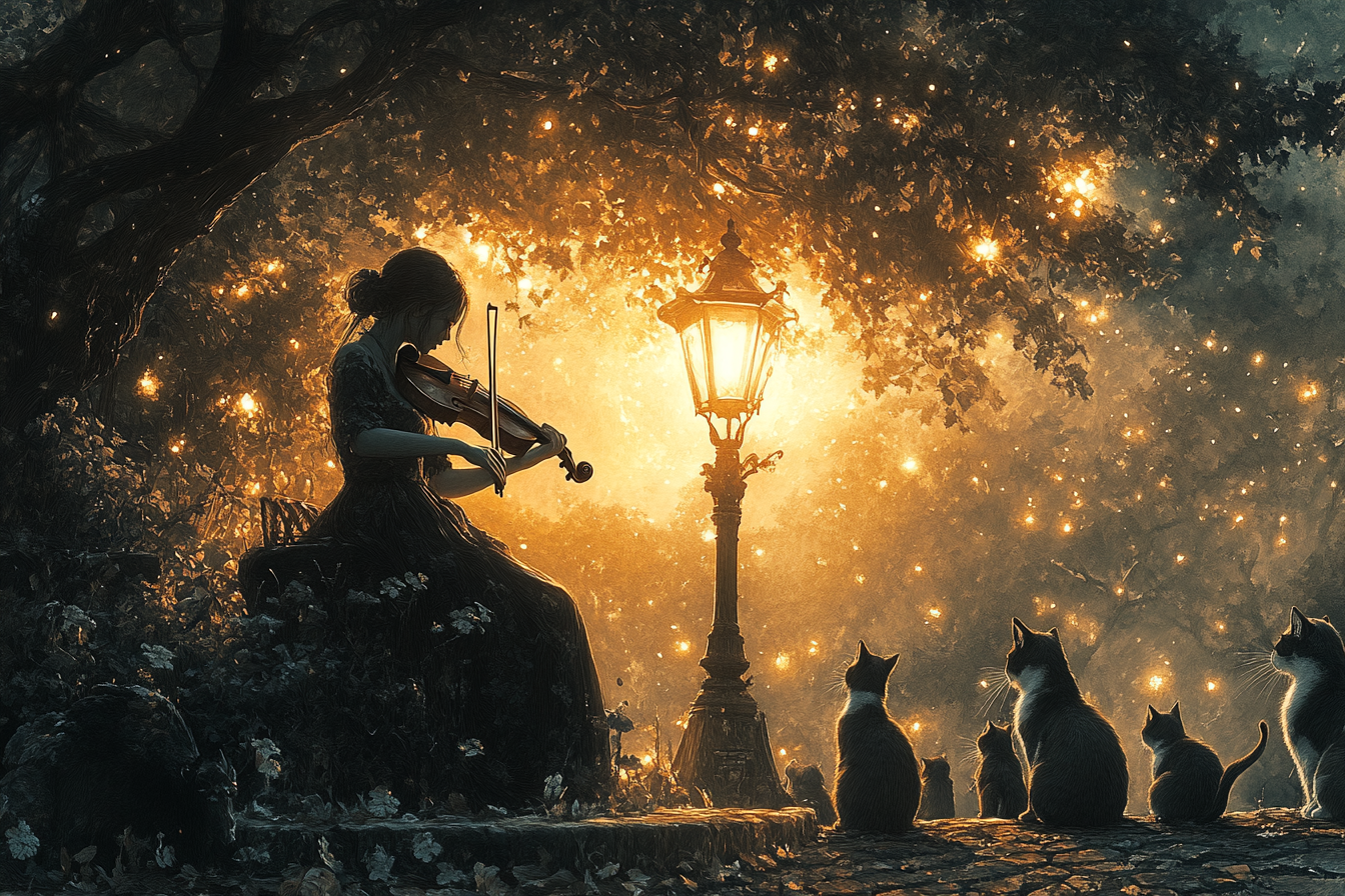 Woman plays violin surrounded by street cats, drawing.