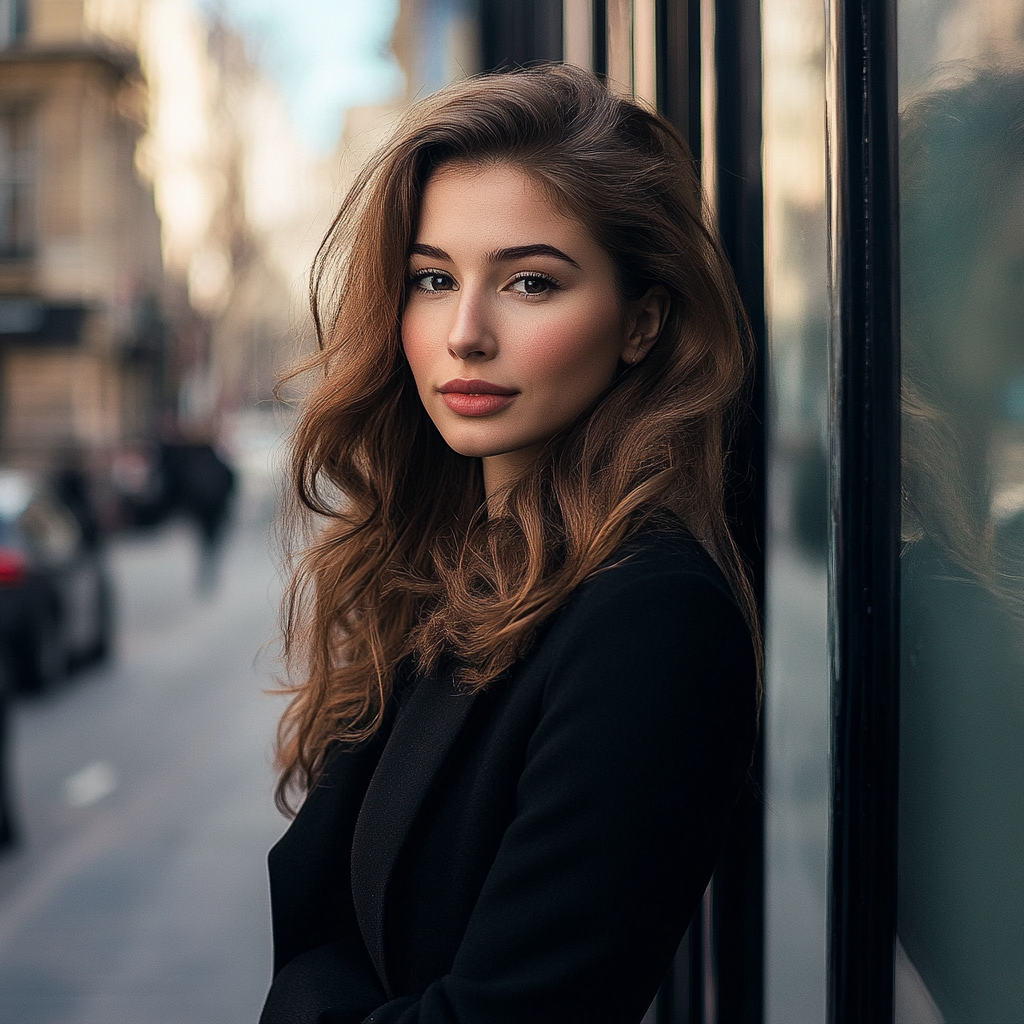 Woman posing on street with elegant emotive faces.