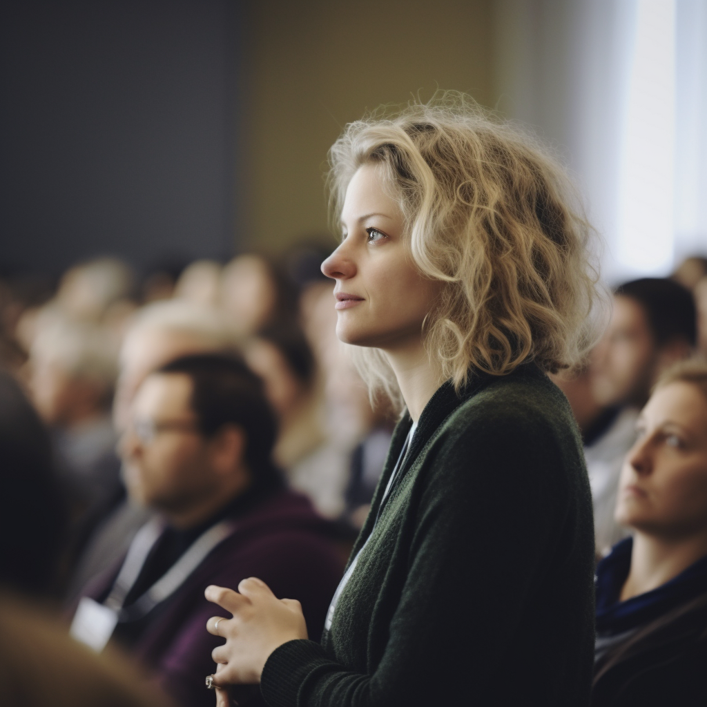 Woman presenting at conference, viewed from the back