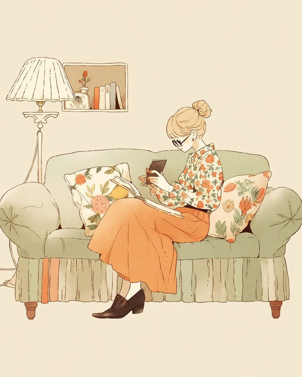 Woman reading book on cream sofa, cute illustration style.