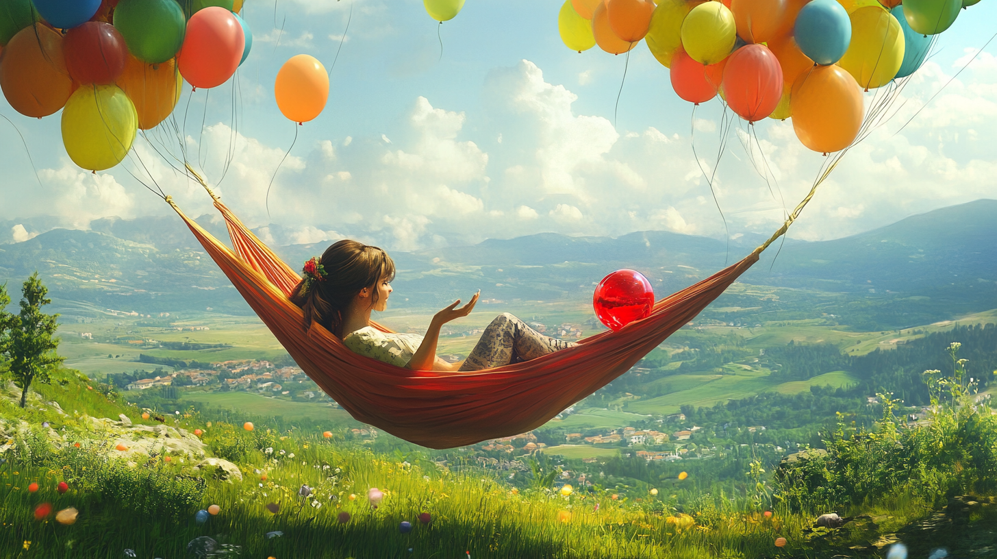 Woman relaxes in hammock with colorful balloons in scenic landscape