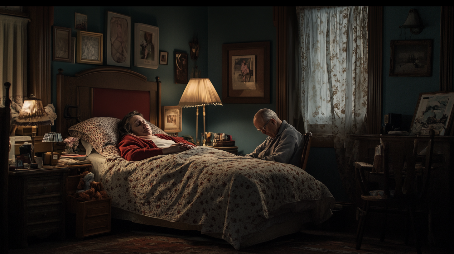 Woman relaxing in bed as husband holds her hand.