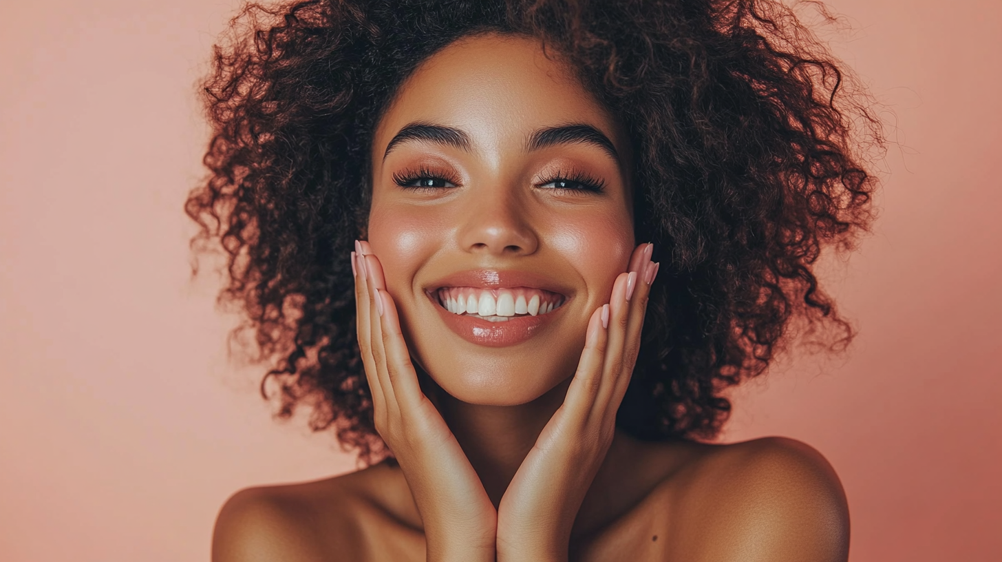 Woman removes makeup in office, smiling, natural beauty.