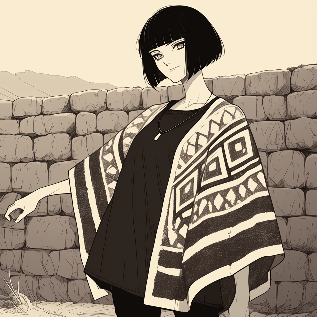 Woman resembling Louise Brooks, wearing geometric poncho, stands by ancient stone wall in Paracas, in raw comic book style.