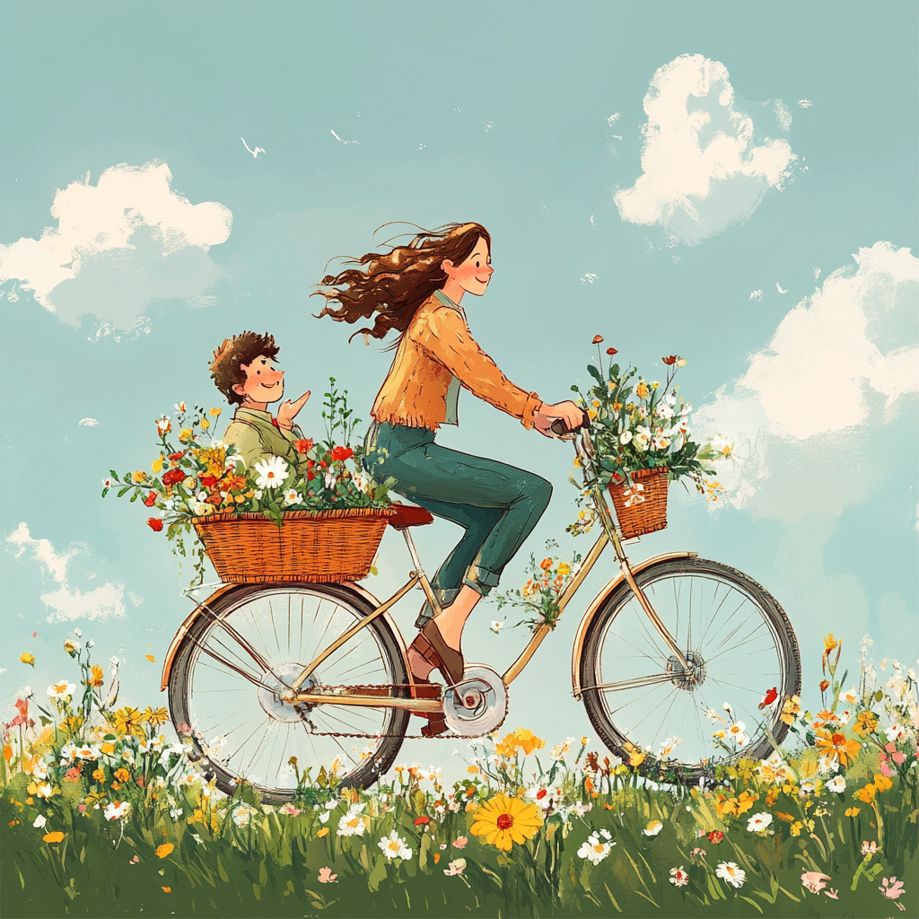 Woman rides bicycle with man in basket full of flowers herbs.