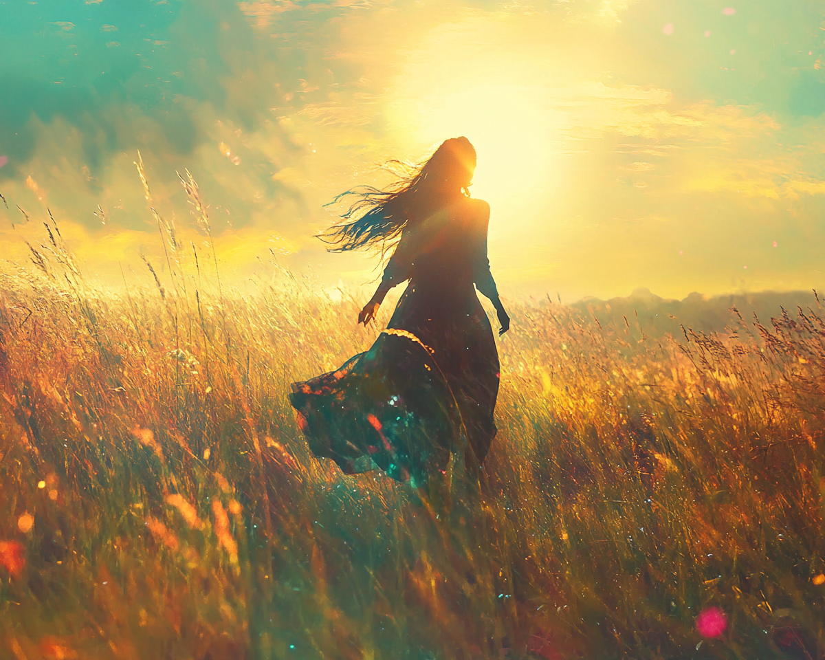 Woman running down hill in sunny weather with wind.