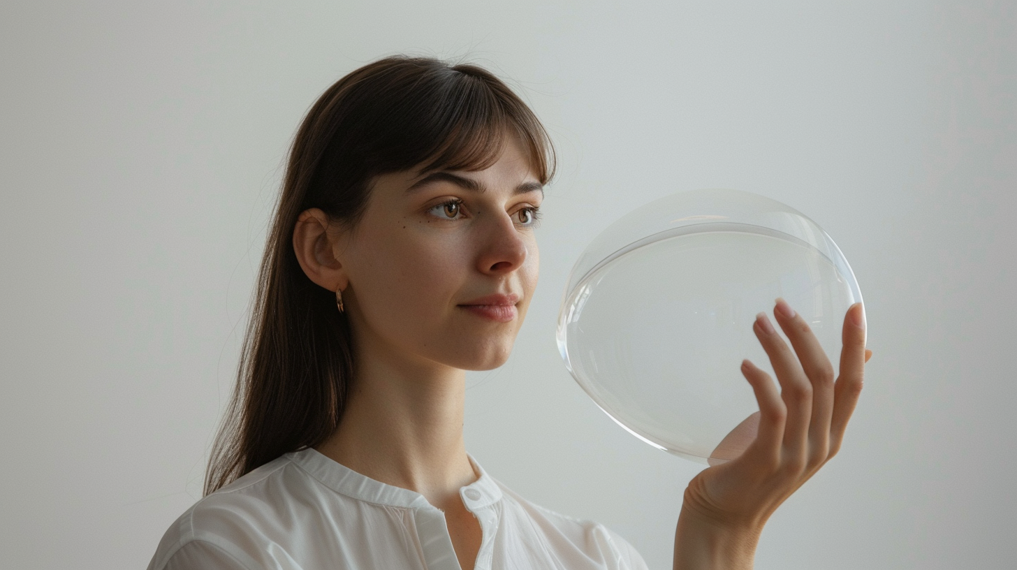 Woman showcasing 23cm half-circle on white background