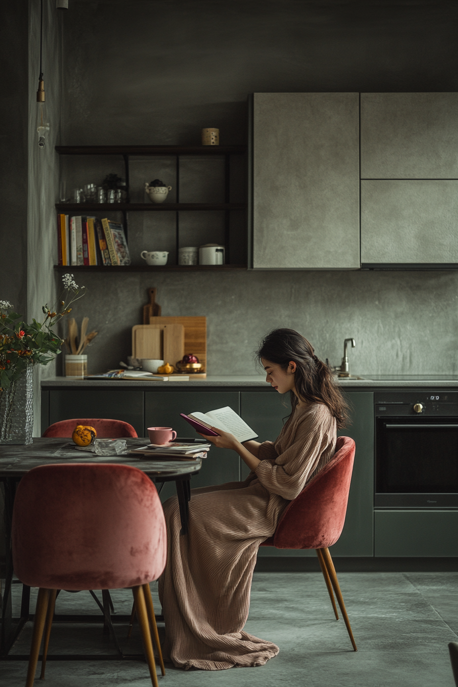 Woman sits in cozy kitchen reading book.